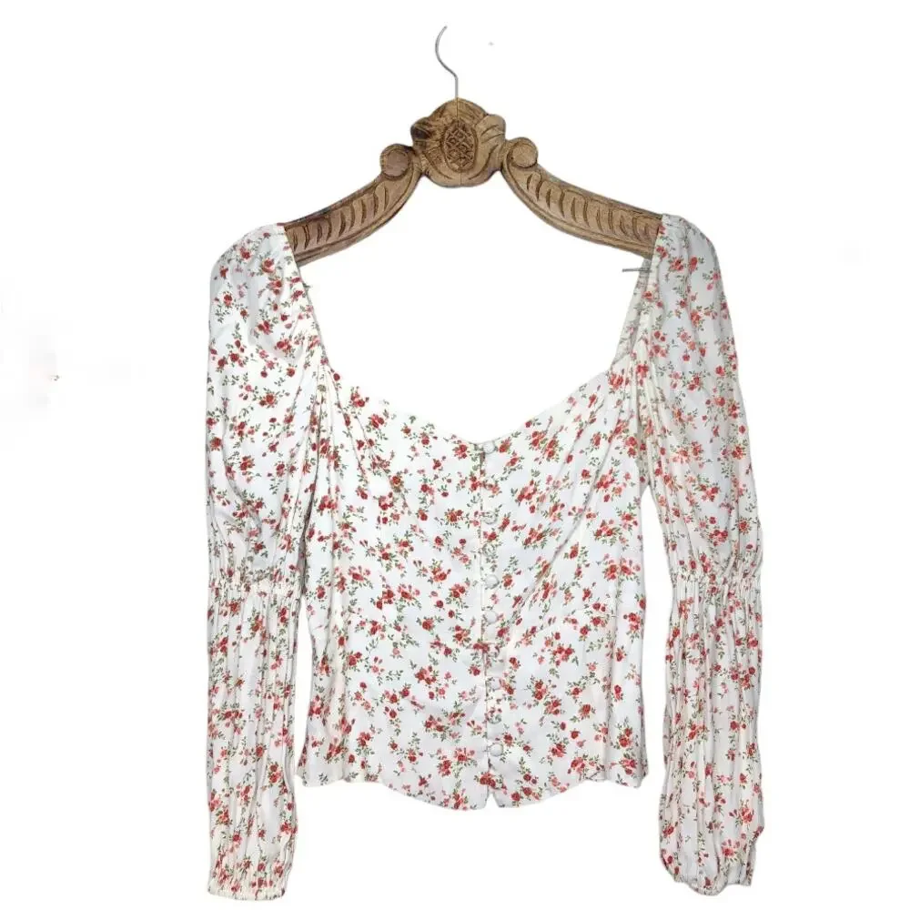 Reformation Cera Top White Red Floral Long Sleeve Button Front Sweetheart Neck 8